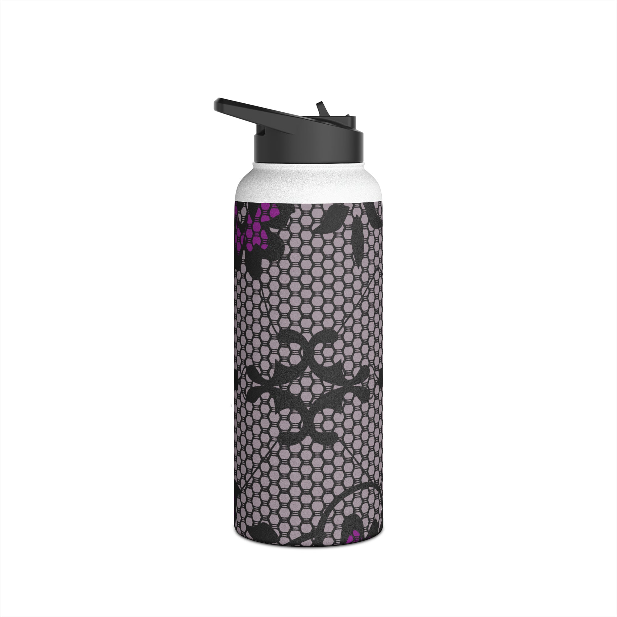 Dark Purple Lace Stainless Steel Water Bottle, Black Floral Water Bottle, Vintage Design Drinkware, vintage Lace Drinkware, Vintage floral-Mug-Dalge