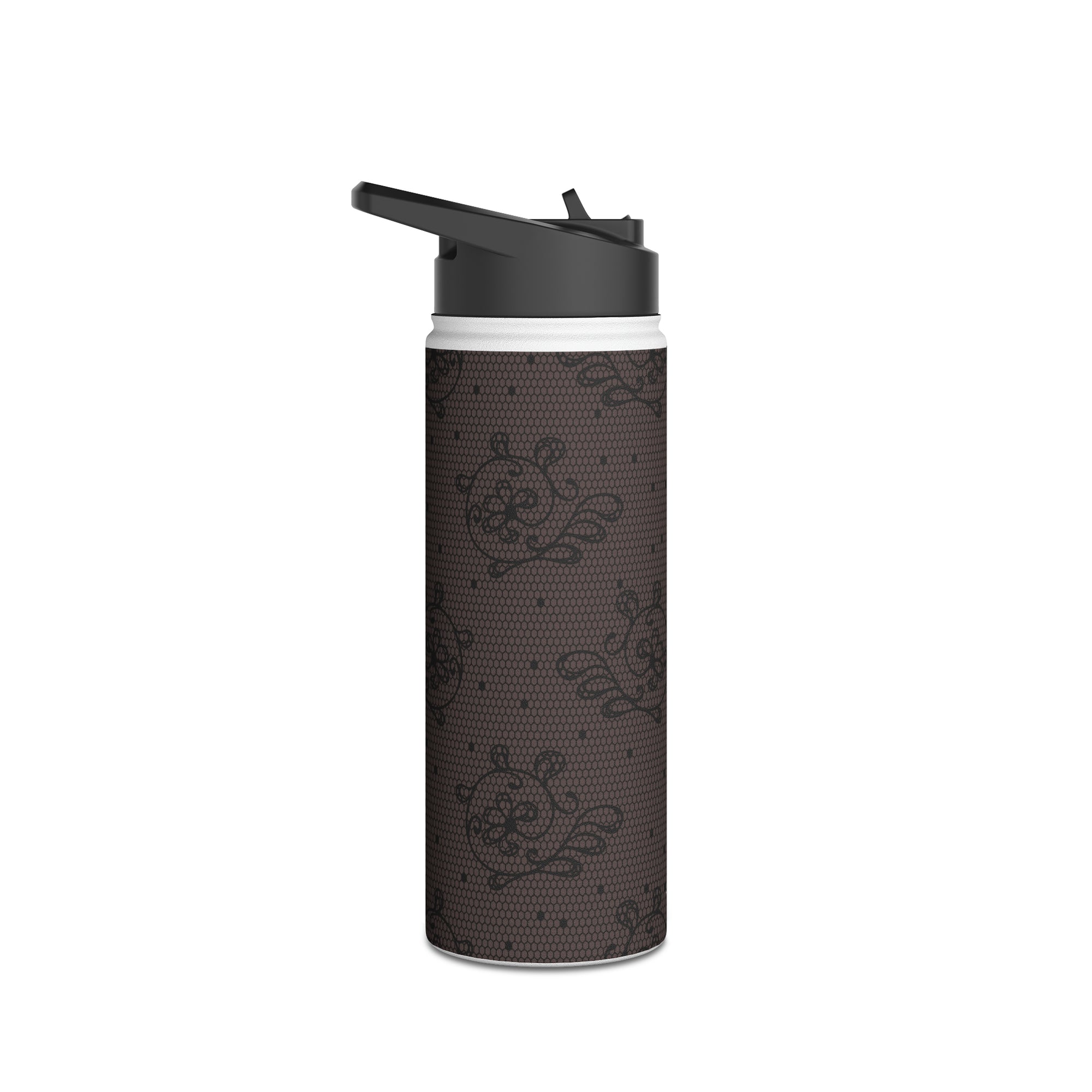 Dark Lace Stainless Steel Water Bottle, Black Floral Water Bottle, Dark Vintage Design Drinkware, vintage Lace, Vintage floral water bottle.-Mug-Dalge