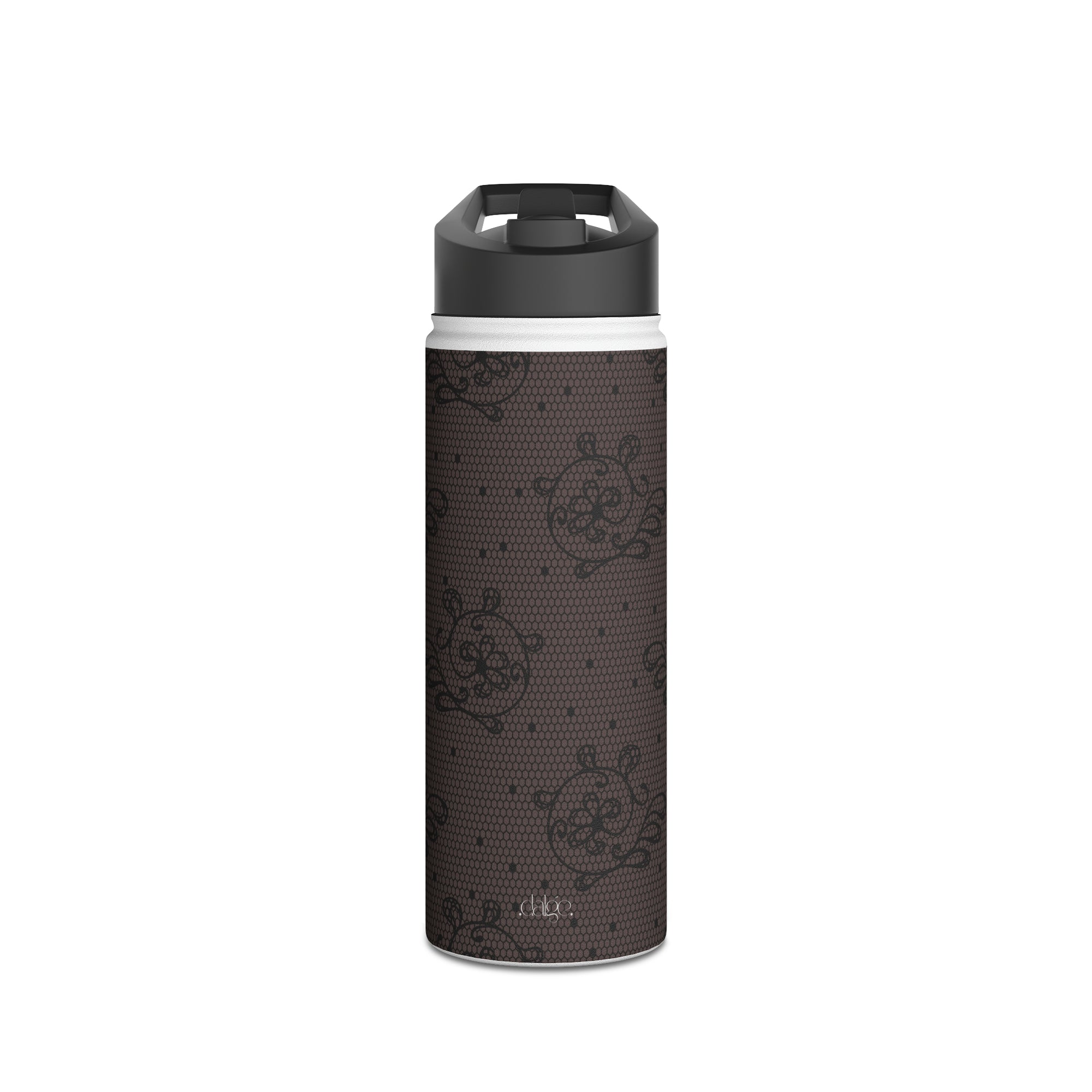 Dark Lace Stainless Steel Water Bottle, Black Floral Water Bottle, Dark Vintage Design Drinkware, vintage Lace, Vintage floral water bottle.-Mug-Dalge