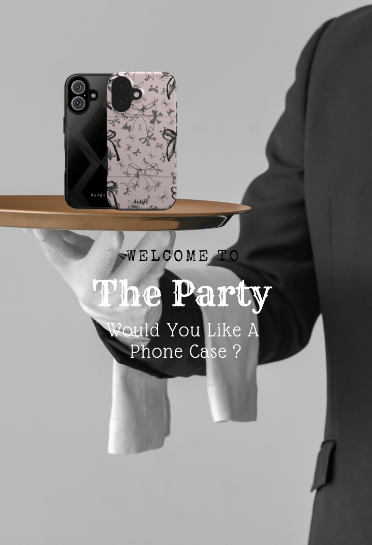 "A waiter in formal attire and white gloves, presenting a display of newly designed phone cases from the 'Welcome to the Party' collection."