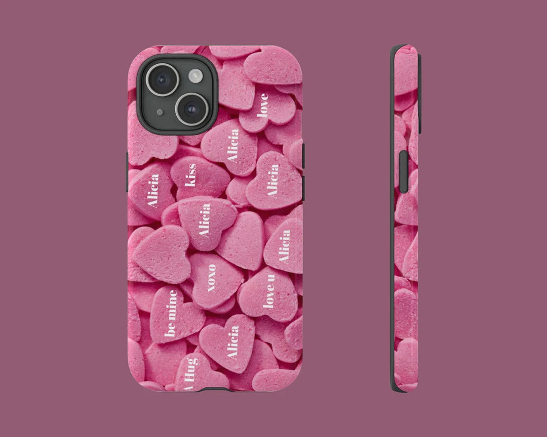 Personalized Name Custom Tough Phone Case Heart Candies Rose Gold For iPhone 15 14 13 12 11 8 XS XR Samsung S23 S22 Valentines Gift-Phone Cases-Dalge