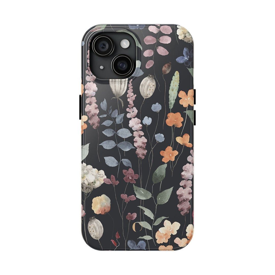 Dark Floral Tough Case, iPhone Tough Case 11, 12, 13, 14, 15 Pro, Pro Max, Plus, Mini, iPhone 8, 7, Black Floral, Glossy Black, Valentine&#39;s Gifts-Phone Cases-Dalge