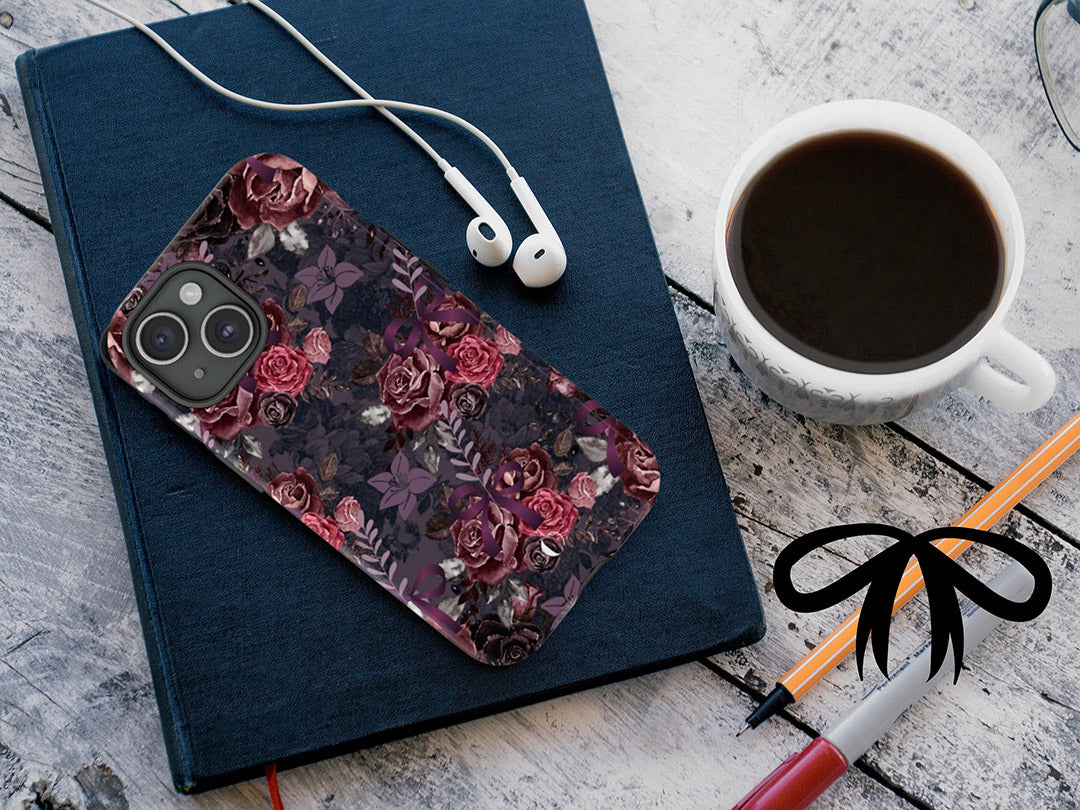 Dark Floral Tough Case, Dark Phone Case For iPhone 15, iPhone 14, Galaxy S23, S22, Dark Aesthetic Academia, Moody Floral Art Case-Phone Cases-Dalge