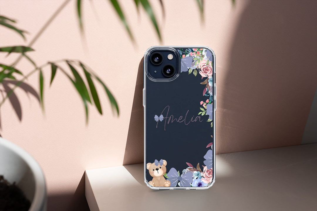 Teddy Bow Clear Case, For iPhone 14, 13, 12, 11, Cute Bows Case, Trendy Bow Phone Case, Galaxy S22, S21 Case, Trendy Bows Case, Dark Floral Case-Phone Cases-Dalge