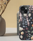 Dark Floral Tough Case, iPhone Tough Case 11, 12, 13, 14, 15 Pro, Pro Max, Plus, Mini, iPhone 8, 7, Black Floral, Glossy Black, Valentine's Gifts-Phone Cases-Dalge