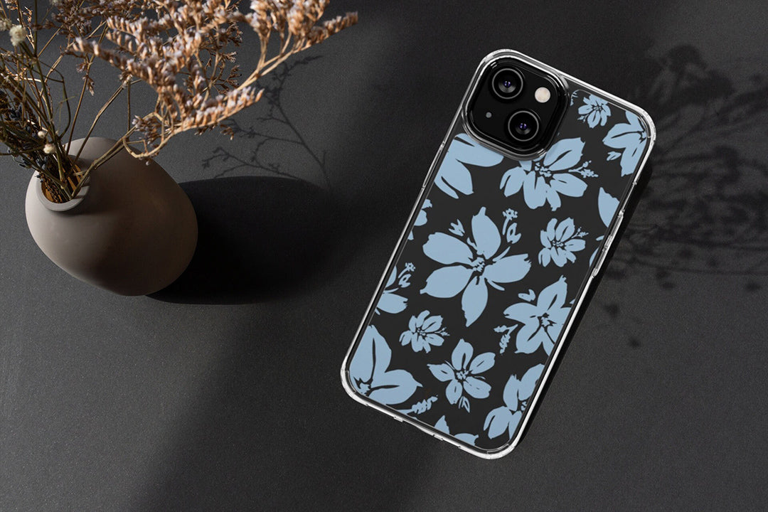 Cream Blue Aesthetic Floral Clear Phone Case For iPhone 14 13 12 11 Galaxy S22 S21, Sleek Phone Case, Modern Phone Case, Dark Aesthetics-Phone Cases-Dalge