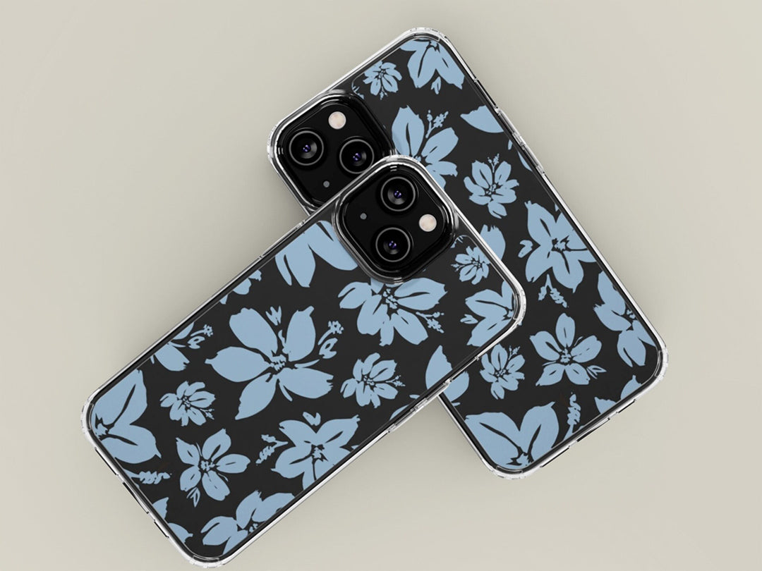 Cream Blue Aesthetic Floral Clear Phone Case For iPhone 14 13 12 11 Galaxy S22 S21, Sleek Phone Case, Modern Phone Case, Dark Aesthetics-Phone Cases-Dalge