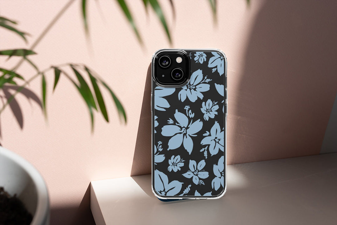 Cream Blue Aesthetic Floral Clear Phone Case For iPhone 14 13 12 11 Galaxy S22 S21, Sleek Phone Case, Modern Phone Case, Dark Aesthetics-Phone Cases-Dalge