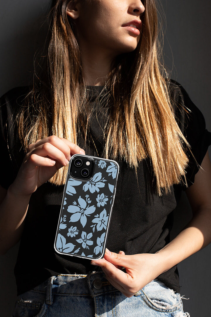 Cream Blue Aesthetic Floral Clear Phone Case For iPhone 14 13 12 11 Galaxy S22 S21, Sleek Phone Case, Modern Phone Case, Dark Aesthetics-Phone Cases-Dalge