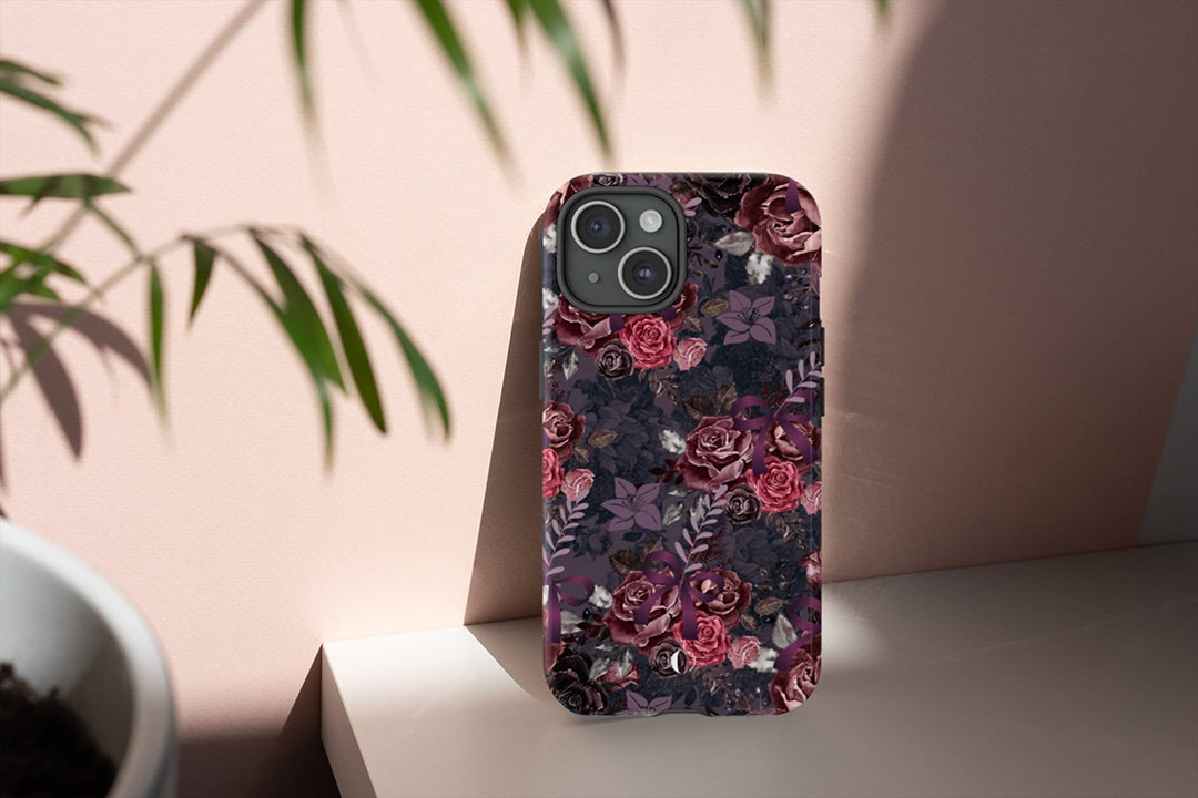 Dark Floral Tough Case, Dark Phone Case For iPhone 15, iPhone 14, Galaxy S23, S22, Dark Aesthetic Academia, Moody Floral Art Case-Phone Cases-Dalge