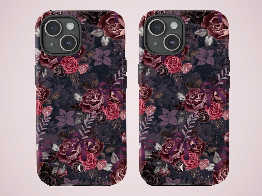 Dark Floral Tough Case, Dark Phone Case For iPhone 15, iPhone 14, Galaxy S23, S22, Dark Aesthetic Academia, Moody Floral Art Case-Phone Cases-Dalge