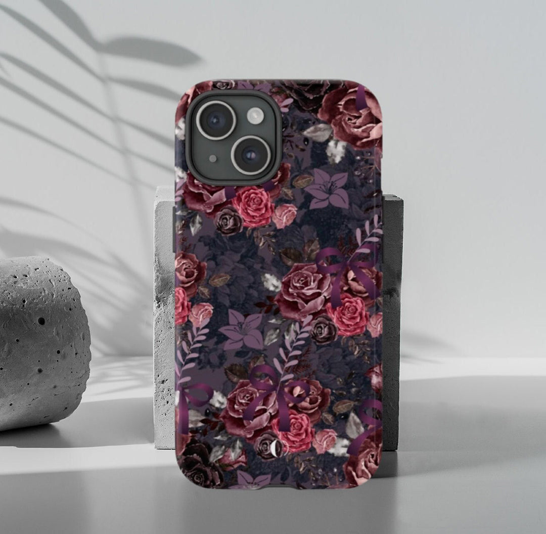 Dark Floral Tough Case, Dark Phone Case For iPhone 15, iPhone 14, Galaxy S23, S22, Dark Aesthetic Academia, Moody Floral Art Case-Phone Cases-Dalge