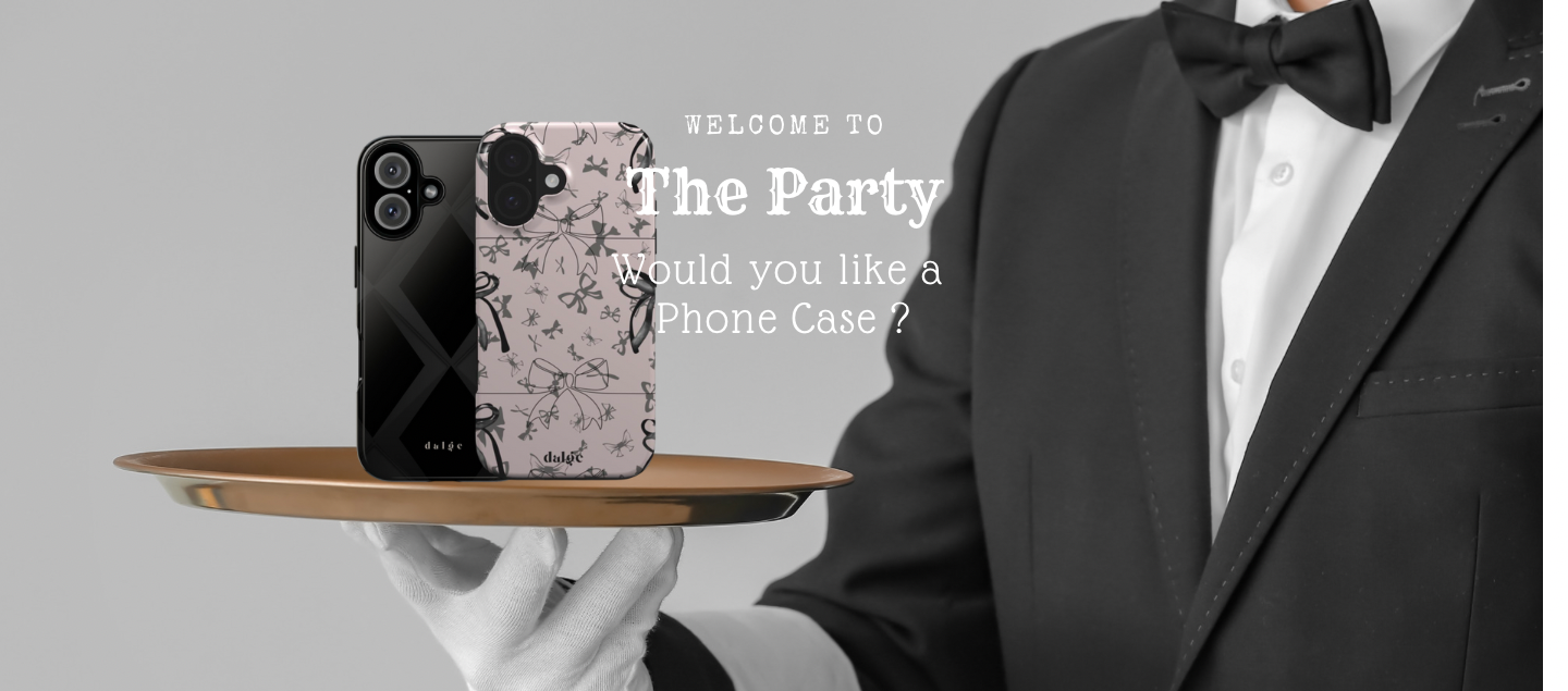 "A waiter in formal attire with white gloves, presenting a display of newly designed phone cases from the 'Welcome to the Party' collection."